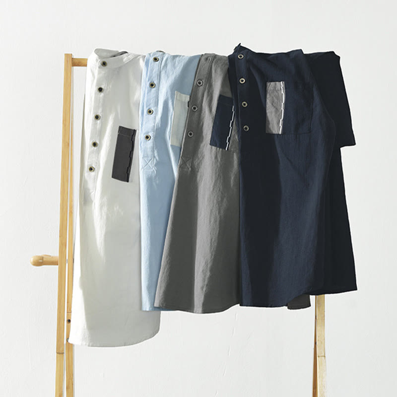 Color Contrast Half Button Men's Short Sleeve Cotton Linen Shirt With Pocket