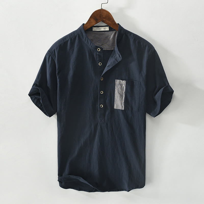 Color Contrast Half Button Men's Short Sleeve Cotton Linen Shirt With Pocket