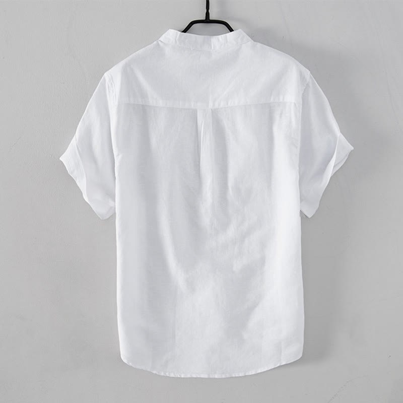 Casual Daily Simple Buttons Design Stand Collar Men's Short Sleeve Cotton Linen Shirt With Front Pockets