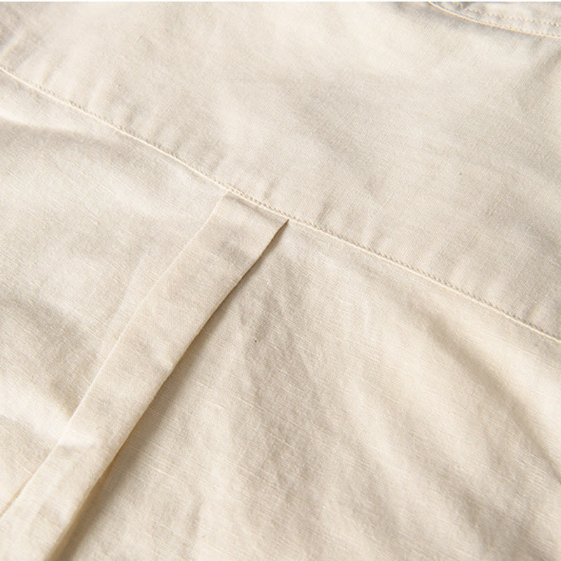 Casual Daily Simple Buttons Design Stand Collar Men's Short Sleeve Cotton Linen Shirt With Front Pockets