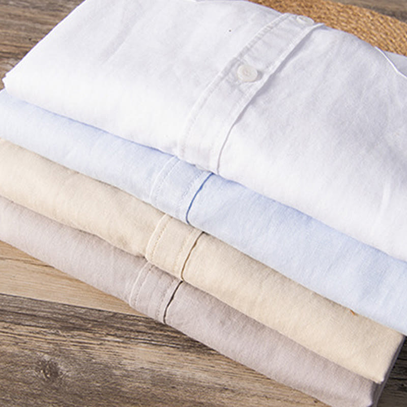 Casual Daily Simple Buttons Design Stand Collar Men's Short Sleeve Cotton Linen Shirt With Front Pockets