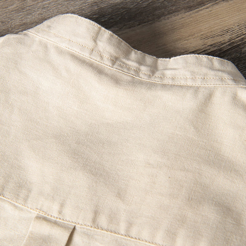 Casual Daily Simple Buttons Design Stand Collar Men's Short Sleeve Cotton Linen Shirt With Front Pockets