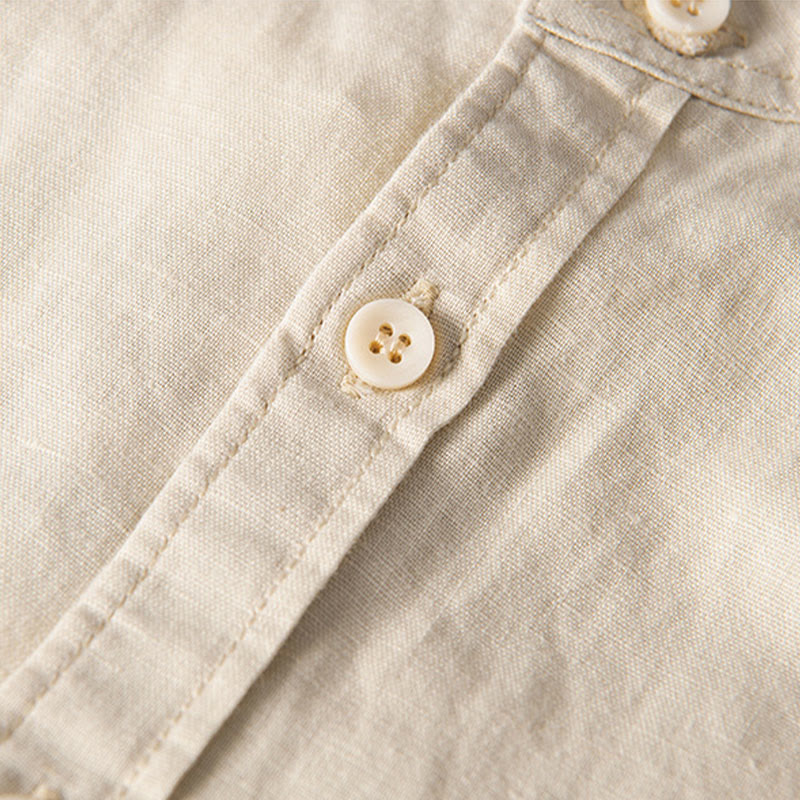 Casual Daily Simple Buttons Design Stand Collar Men's Short Sleeve Cotton Linen Shirt With Front Pockets