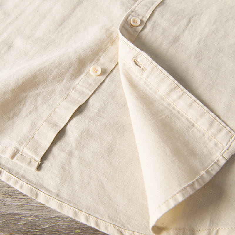 Casual Daily Simple Buttons Design Stand Collar Men's Short Sleeve Cotton Linen Shirt With Front Pockets