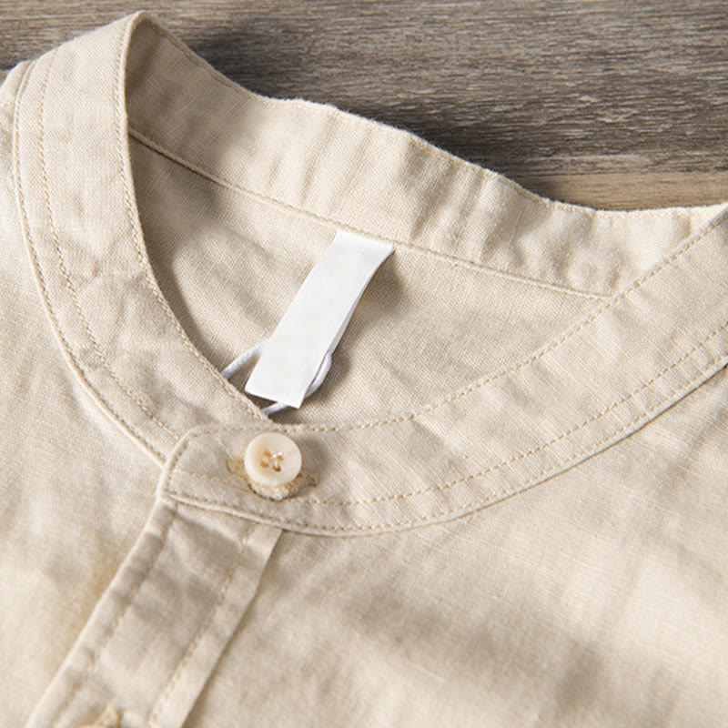 Casual Daily Simple Buttons Design Stand Collar Men's Short Sleeve Cotton Linen Shirt With Front Pockets