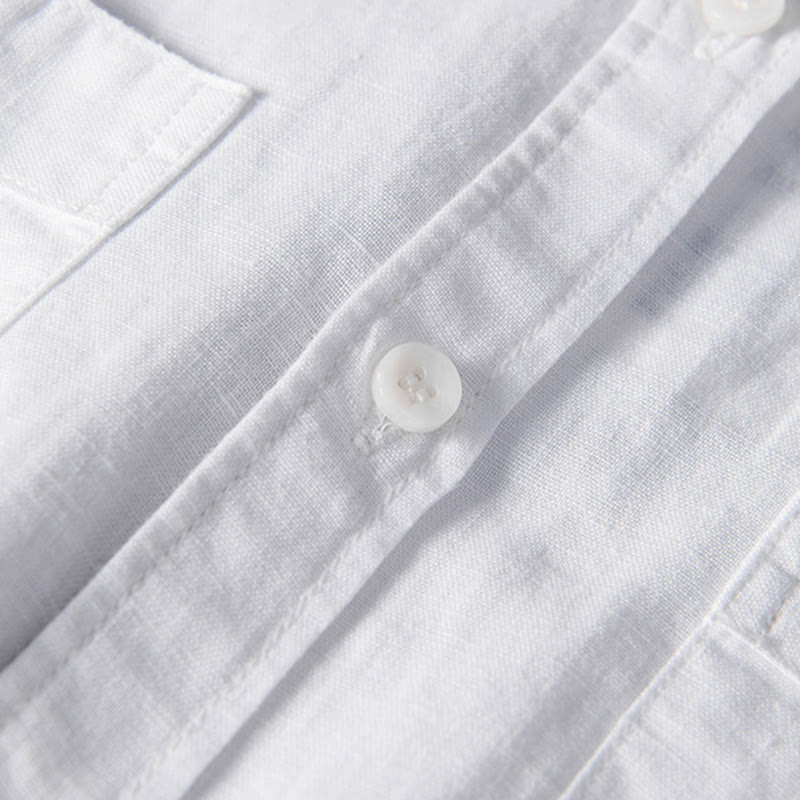 Casual Daily Simple Buttons Design Stand Collar Men's Short Sleeve Cotton Linen Shirt With Front Pockets
