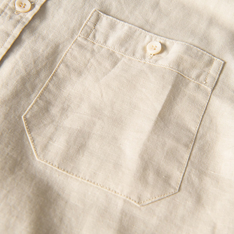 Casual Daily Simple Buttons Design Stand Collar Men's Short Sleeve Cotton Linen Shirt With Front Pockets