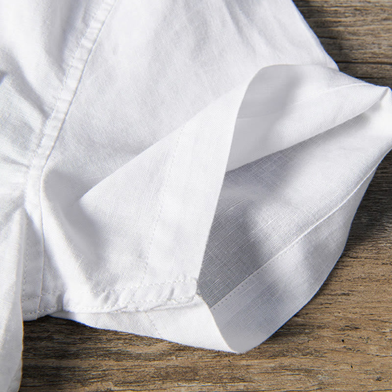Casual Daily Simple Buttons Design Stand Collar Men's Short Sleeve Cotton Linen Shirt With Front Pockets