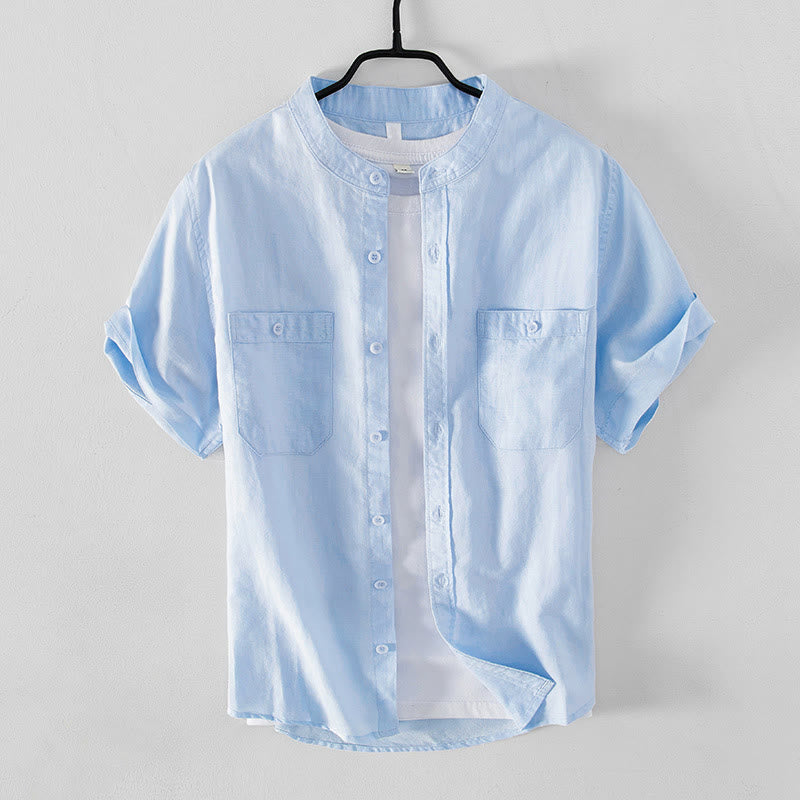 Casual Daily Simple Buttons Design Stand Collar Men's Short Sleeve Cotton Linen Shirt With Front Pockets