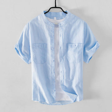 Casual Daily Simple Buttons Design Stand Collar Men's Short Sleeve Cotton Linen Shirt With Front Pockets