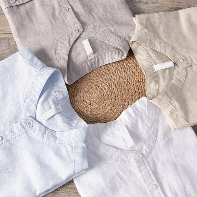 Casual Daily Simple Buttons Design Stand Collar Men's Short Sleeve Cotton Linen Shirt With Front Pockets