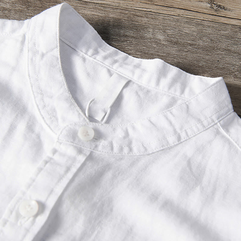Casual Daily Simple Buttons Design Stand Collar Men's Short Sleeve Cotton Linen Shirt With Front Pockets