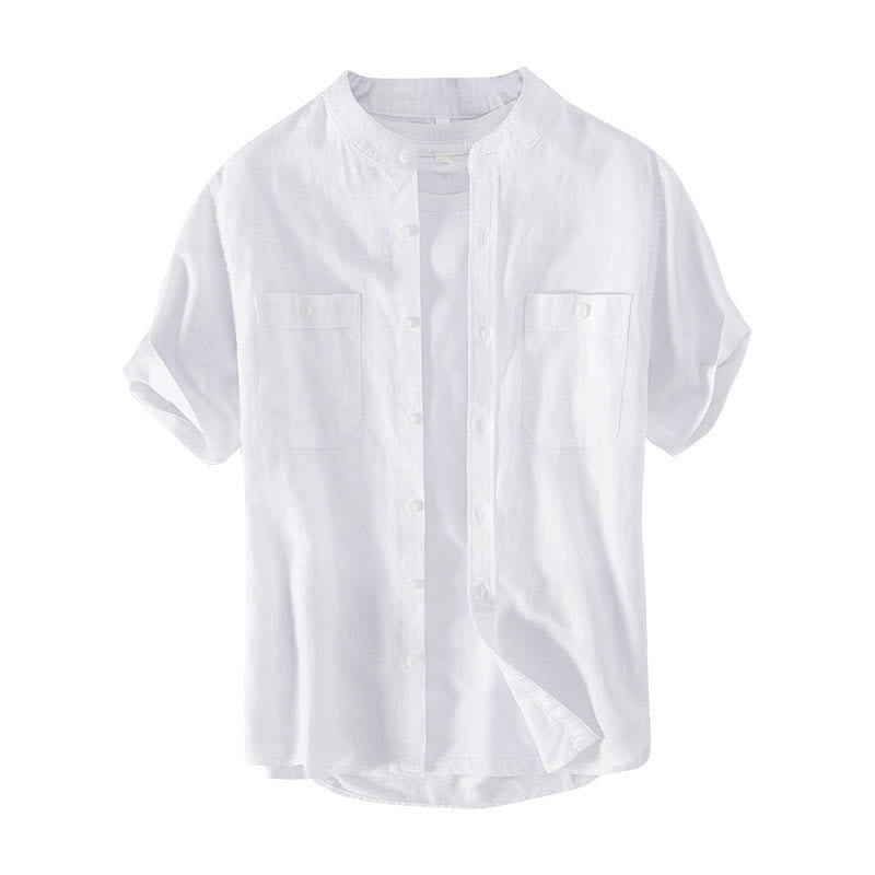 Casual Daily Simple Buttons Design Stand Collar Men's Short Sleeve Cotton Linen Shirt With Front Pockets