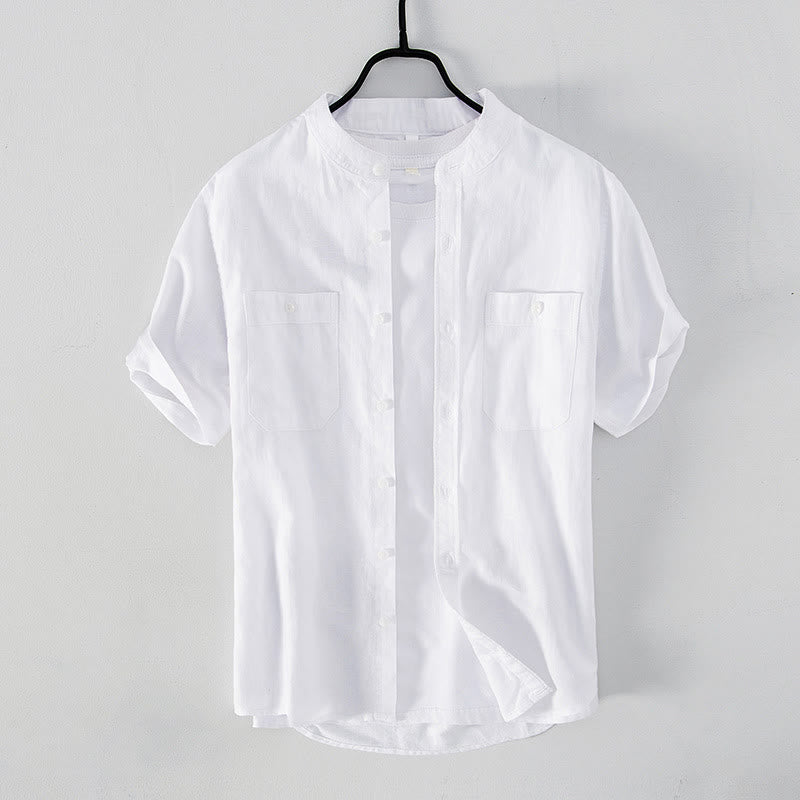 Casual Daily Simple Buttons Design Stand Collar Men's Short Sleeve Cotton Linen Shirt With Front Pockets