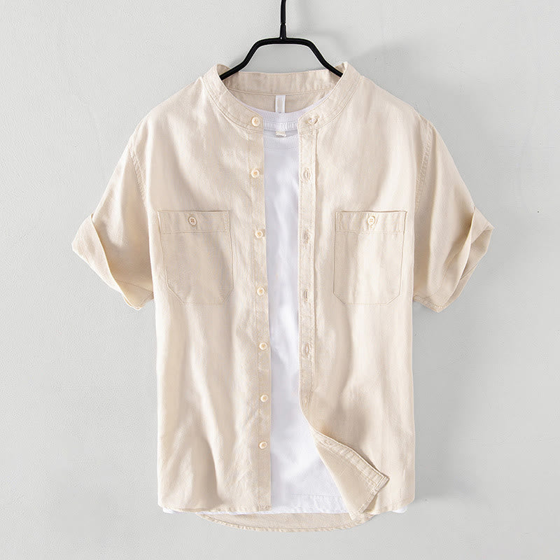 Casual Daily Simple Buttons Design Stand Collar Men's Short Sleeve Cotton Linen Shirt With Front Pockets