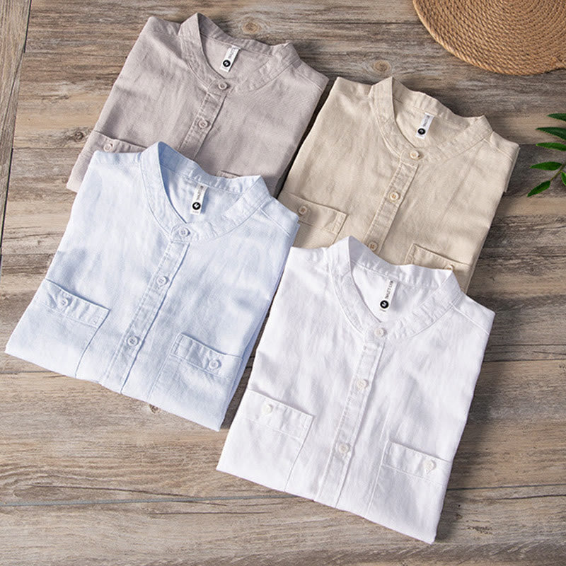 Casual Daily Simple Buttons Design Stand Collar Men's Short Sleeve Cotton Linen Shirt With Front Pockets