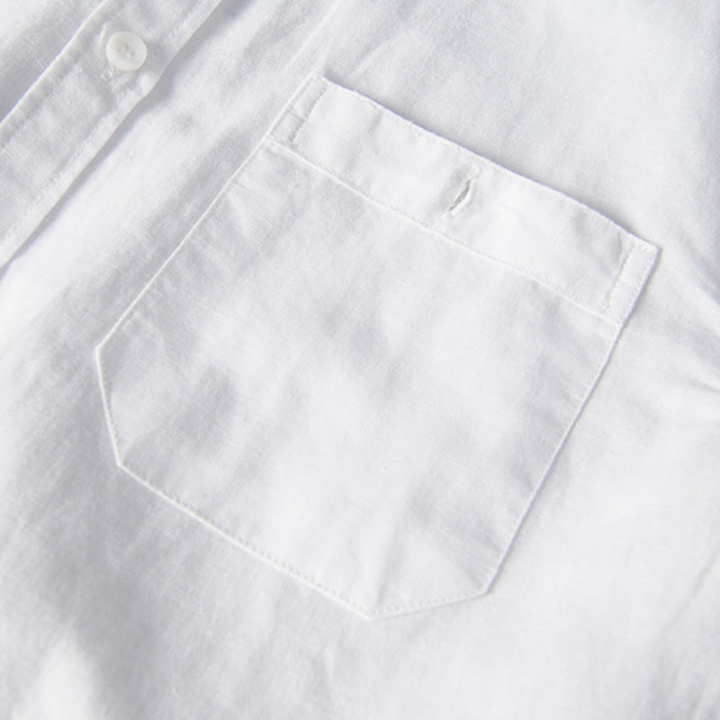 Casual Daily Simple Buttons Design Stand Collar Men's Short Sleeve Cotton Linen Shirt With Front Pockets