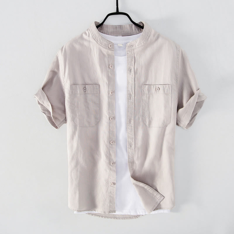 Casual Daily Simple Buttons Design Stand Collar Men's Short Sleeve Cotton Linen Shirt With Front Pockets