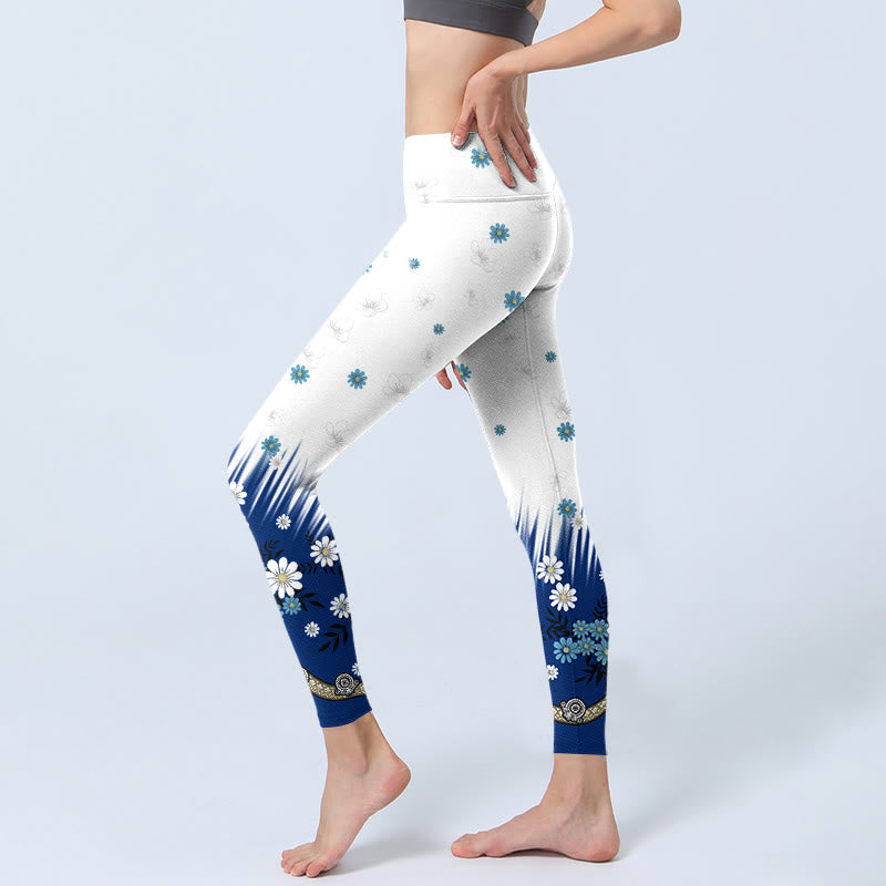 White Flowers Grass Leaves Pattern Print Gym Leggings Women's Yoga Pants