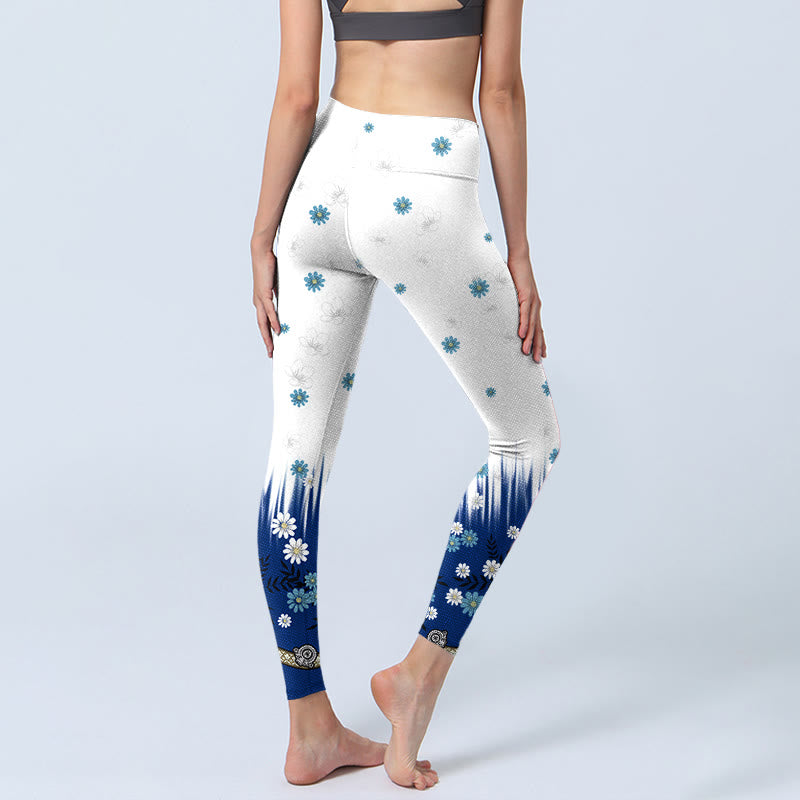 White Flowers Grass Leaves Pattern Print Gym Leggings Women's Yoga Pants