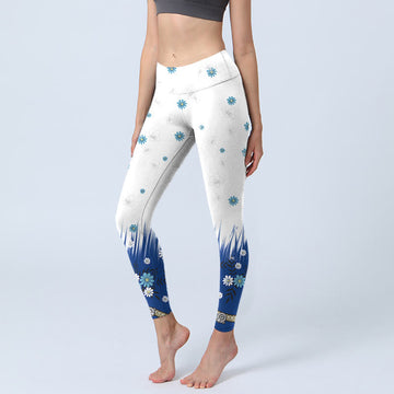 White Flowers Grass Leaves Pattern Print Gym Leggings Women's Yoga Pants
