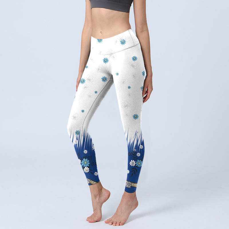 White Flowers Grass Leaves Pattern Print Gym Leggings Women's Yoga Pants