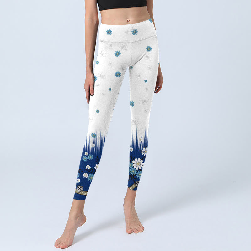 White Flowers Grass Leaves Pattern Print Gym Leggings Women's Yoga Pants