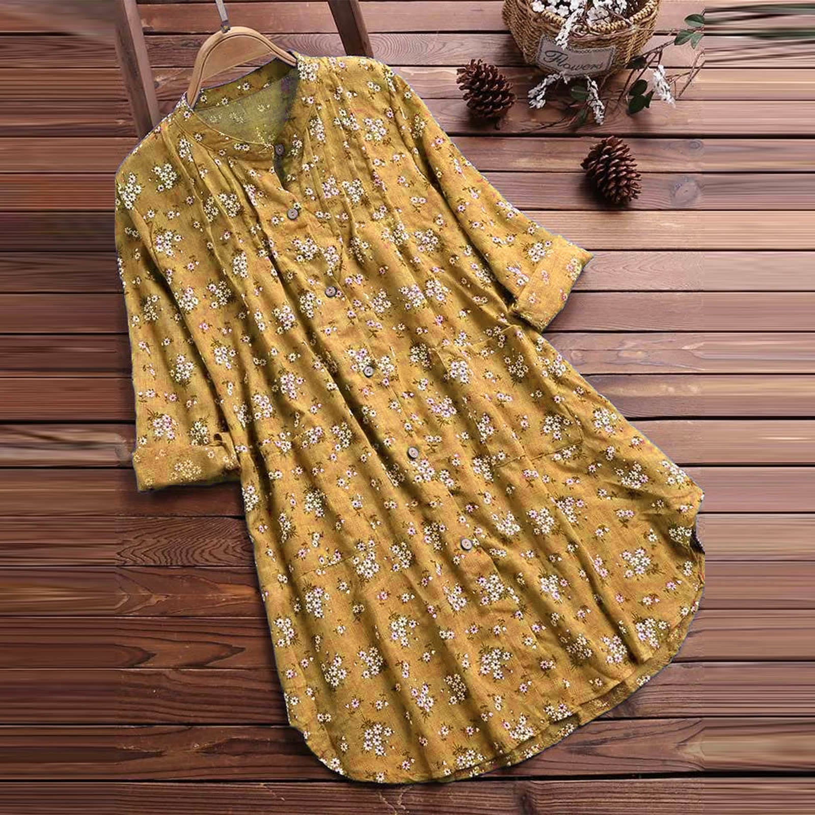 Lightweight Cotton Stand-Collar Floral Meditation Shirt