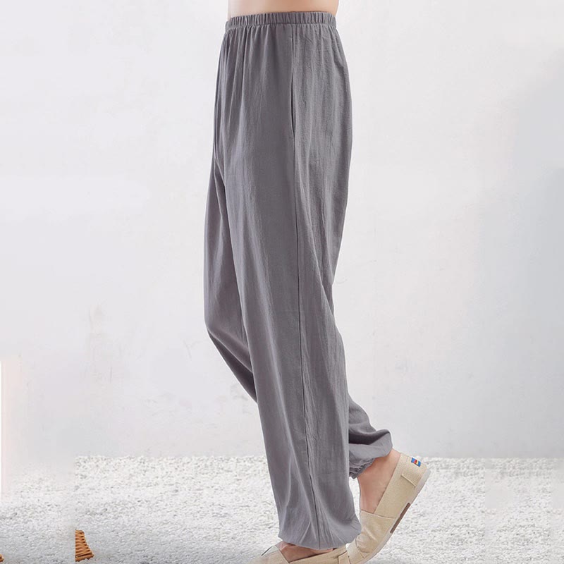 Summer Solid Color Unisex Elastic Waist Tai Chi Qigong Practice Pants With Pockets