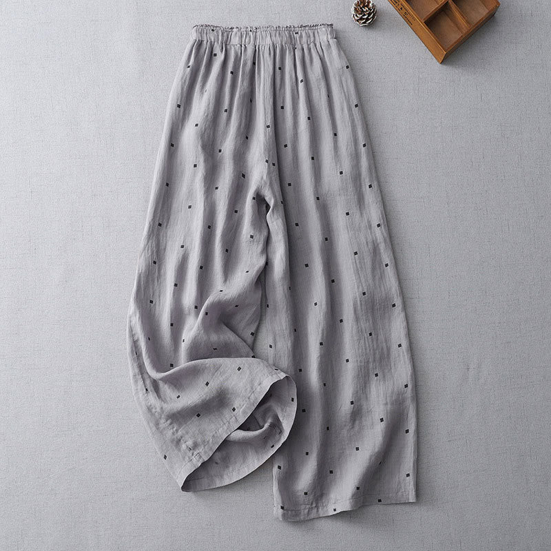 Summer Casual Polka Dot Pattern Design Cotton Linen Women's Wide Leg Pants With Pockets