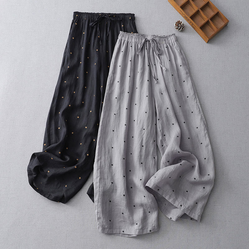 Breathable Cotton Linen Polka Dot Wide-Leg Meditation Pants