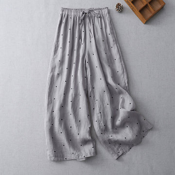 Breathable Cotton Linen Polka Dot Wide-Leg Meditation Pants