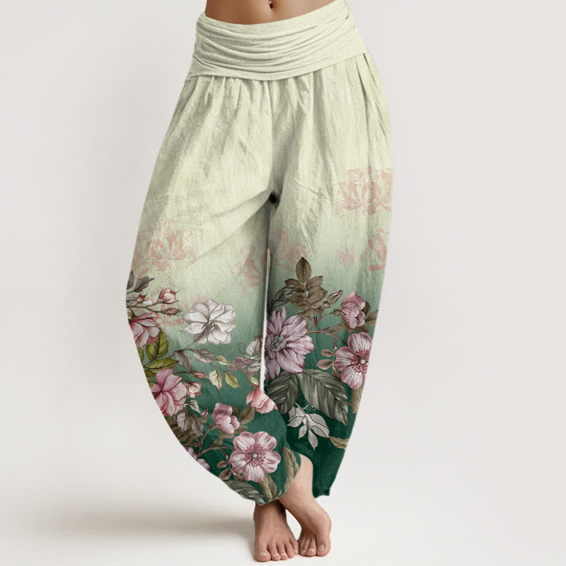 Cotton Casual Gradient Petals Leaves Pattern Women's Elastic Waist Harem Pants
