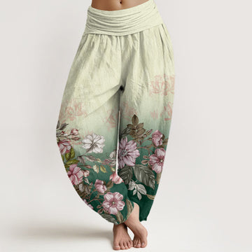 Cotton Casual Gradient Petals Leaves Pattern Women's Elastic Waist Harem Pants