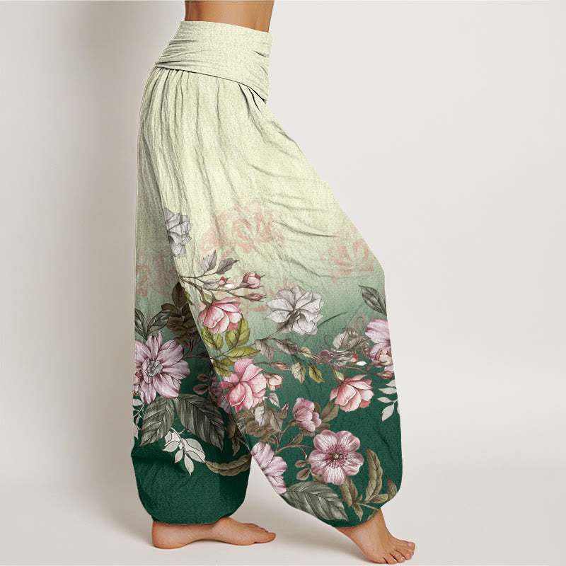 Cotton Casual Gradient Petals Leaves Pattern Women's Elastic Waist Harem Pants
