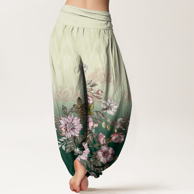 Cotton Casual Gradient Petals Leaves Pattern Women's Elastic Waist Harem Pants