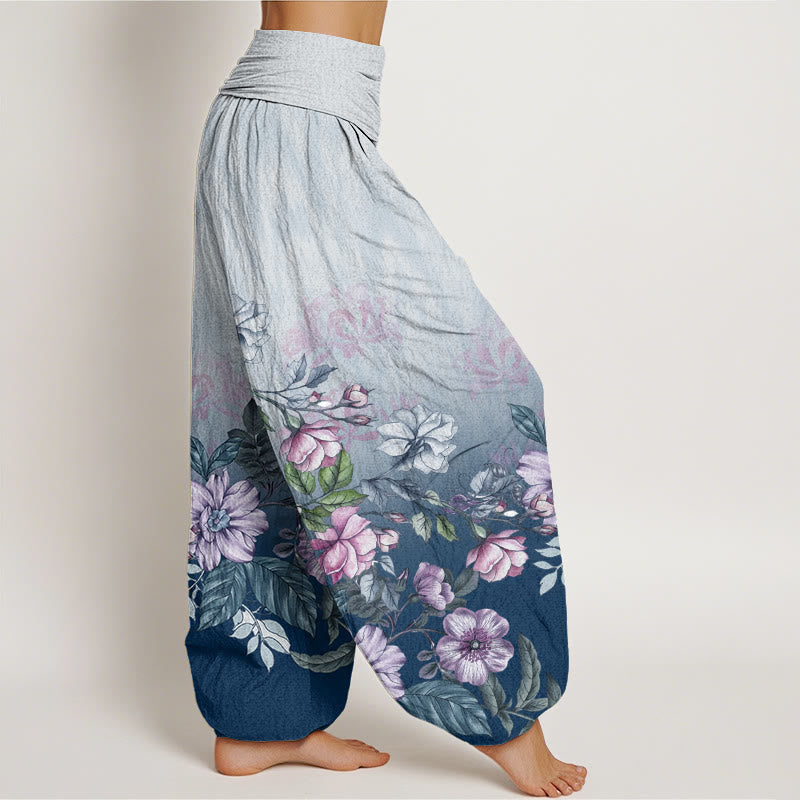 Cotton Casual Gradient Petals Leaves Pattern Women's Elastic Waist Harem Pants