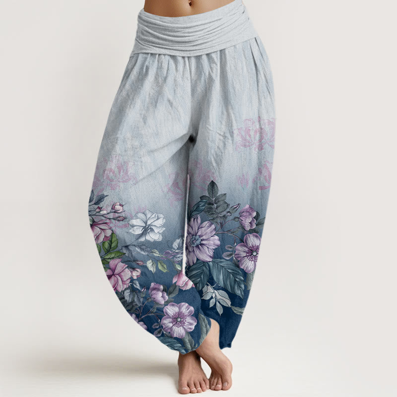 Cotton Casual Gradient Petals Leaves Pattern Women's Elastic Waist Harem Pants