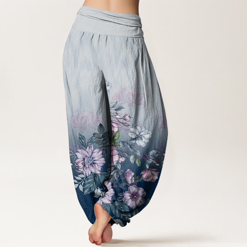 Cotton Casual Gradient Petals Leaves Pattern Women's Elastic Waist Harem Pants