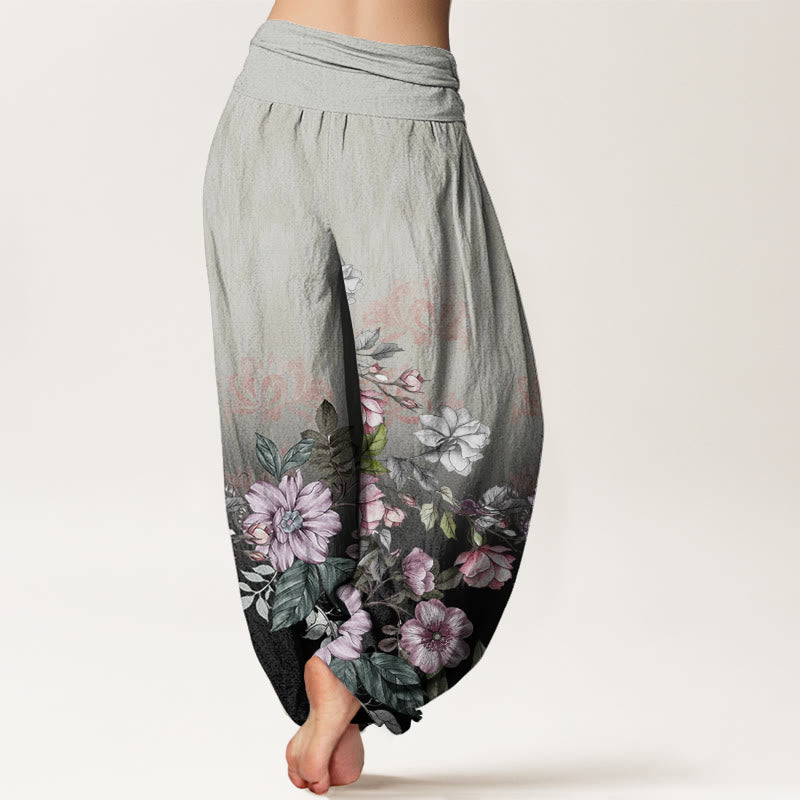 Cotton Casual Gradient Petals Leaves Pattern Women's Elastic Waist Harem Pants