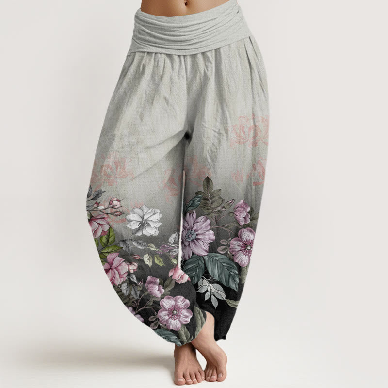 Cotton Casual Gradient Petals Leaves Pattern Women's Elastic Waist Harem Pants
