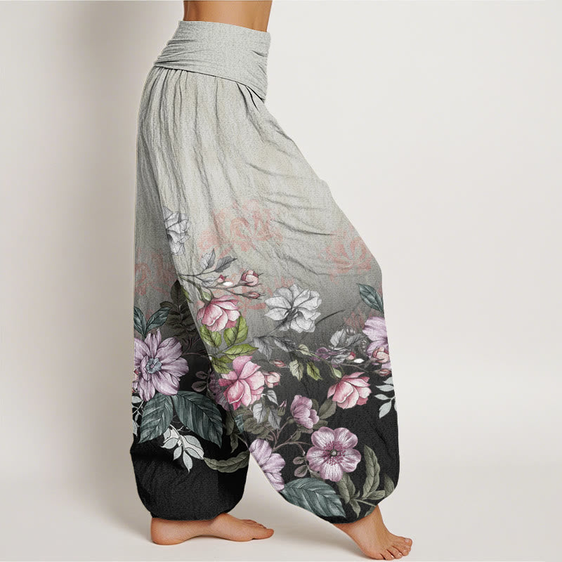 Cotton Casual Gradient Petals Leaves Pattern Women's Elastic Waist Harem Pants