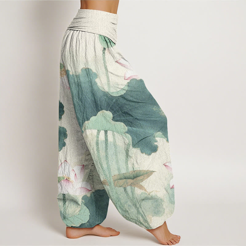 Lotus Print Breathable Cotton Grounding Harem Pants