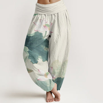 Lotus Print Breathable Cotton Grounding Harem Pants