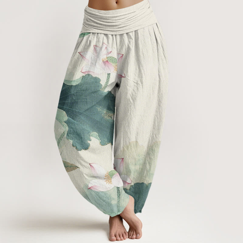 Lotus Print Breathable Cotton Grounding Harem Pants