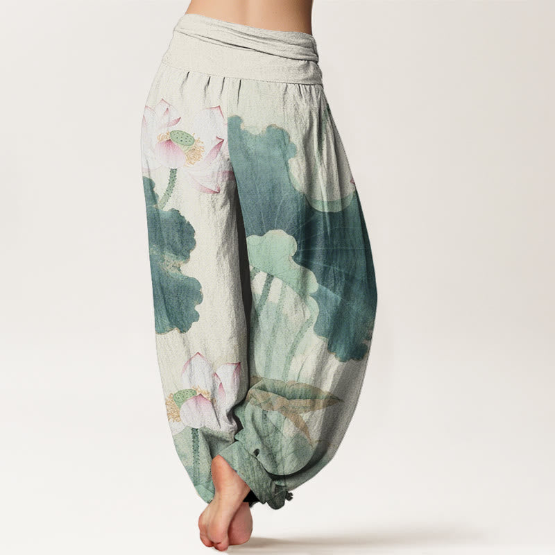 Lotus Print Breathable Cotton Grounding Harem Pants