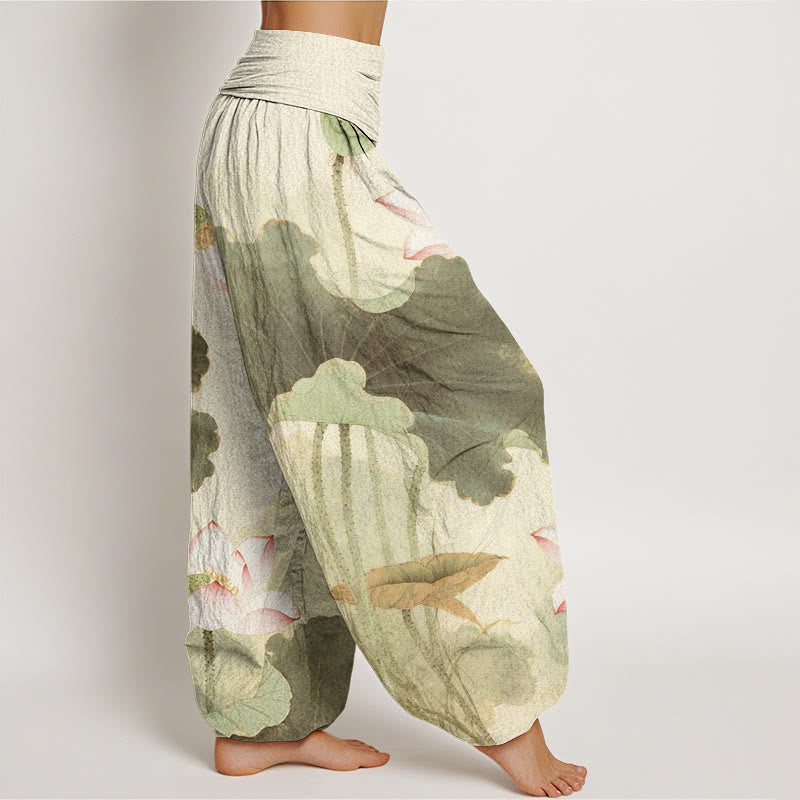 Lotus Print Breathable Cotton Grounding Harem Pants