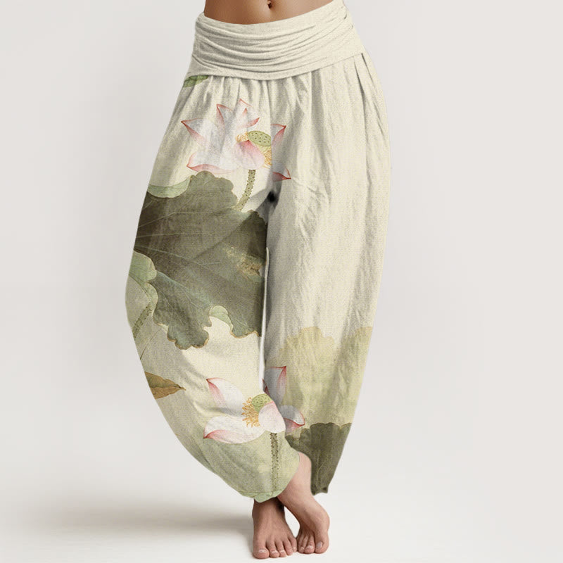 Lotus Print Breathable Cotton Grounding Harem Pants