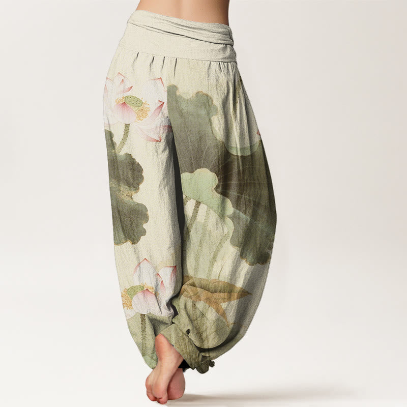 Lotus Print Breathable Cotton Grounding Harem Pants
