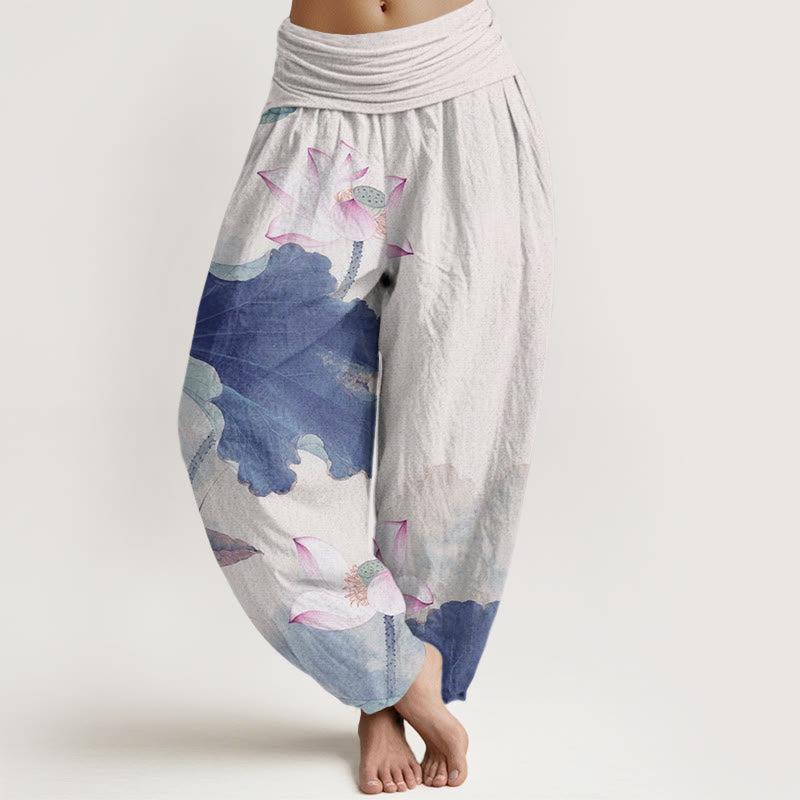 Lotus Print Breathable Cotton Grounding Harem Pants